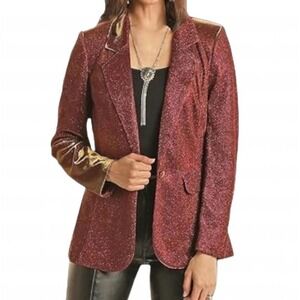 Rock & Roll Denim Women's Burgundy Sparkle Iridescent Blazer Jacket L NYE